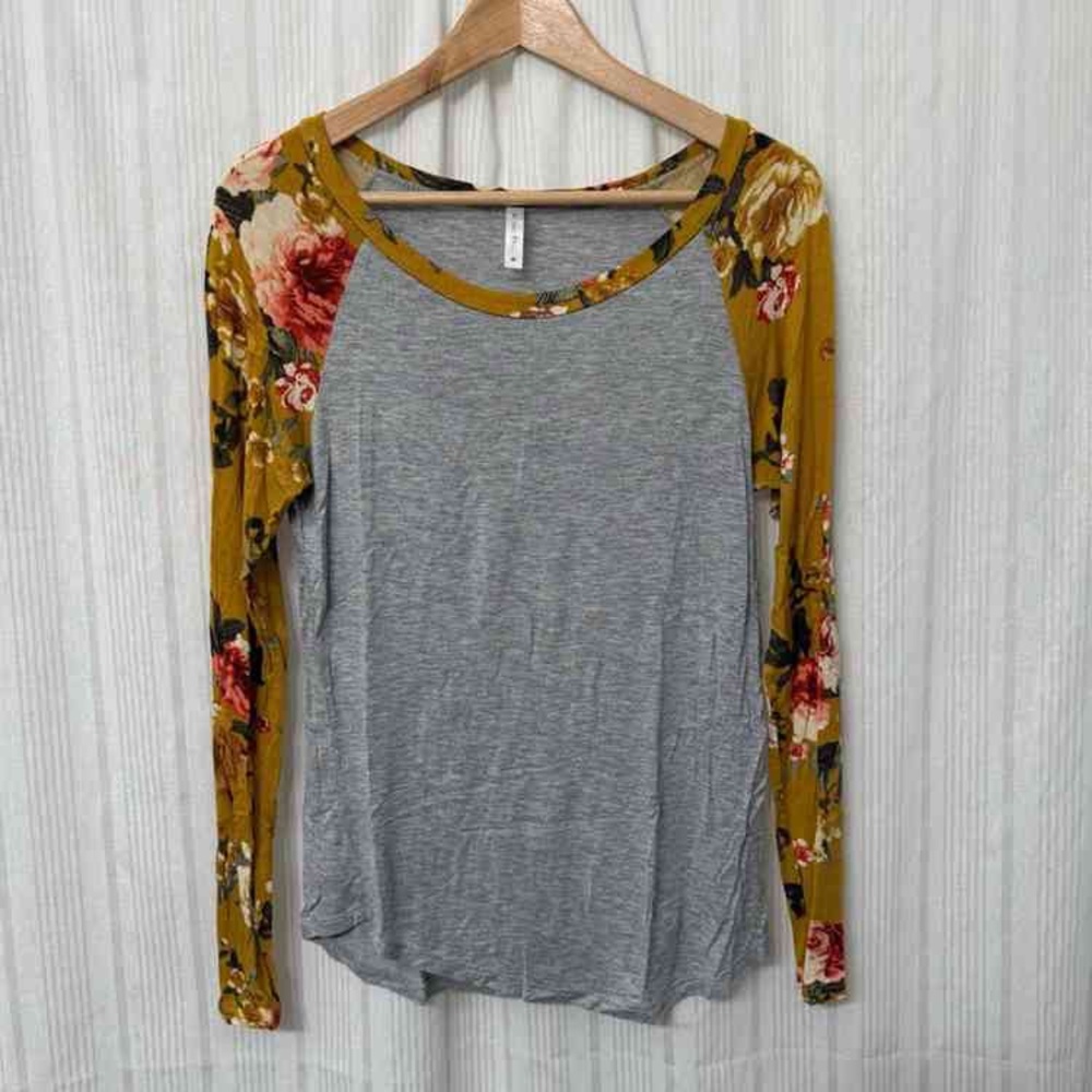 Gray Long Sleeve Top with Floral Sleeves